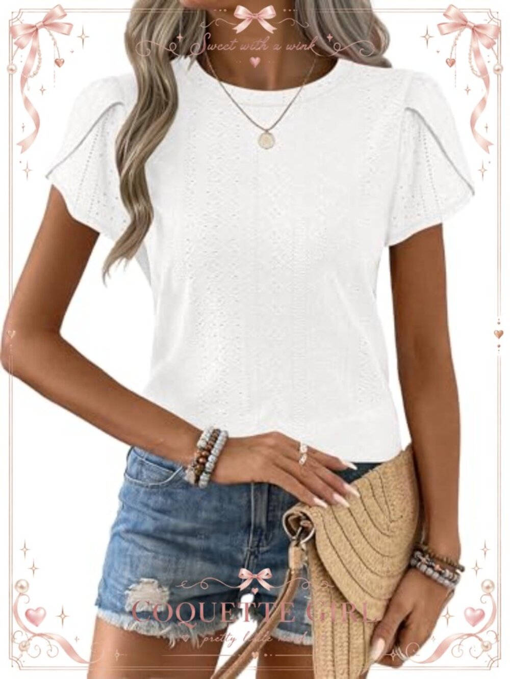 Eyelet Petal Short Sleeve Crewneck T-Shirt Casual Blouse